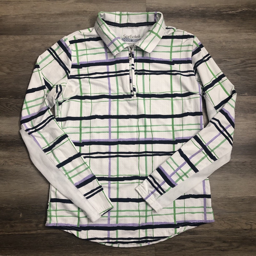 SanSoleil Top Women S Small Plaid Purple Green 1/4 Zip UPF 50 Long Sleeve Active